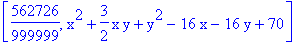 [562726/999999, x^2+3/2*x*y+y^2-16*x-16*y+70]